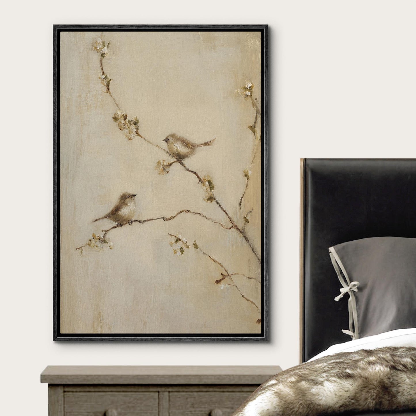Bird on Blossom Branch - Framed Rustic Nature Wall Art