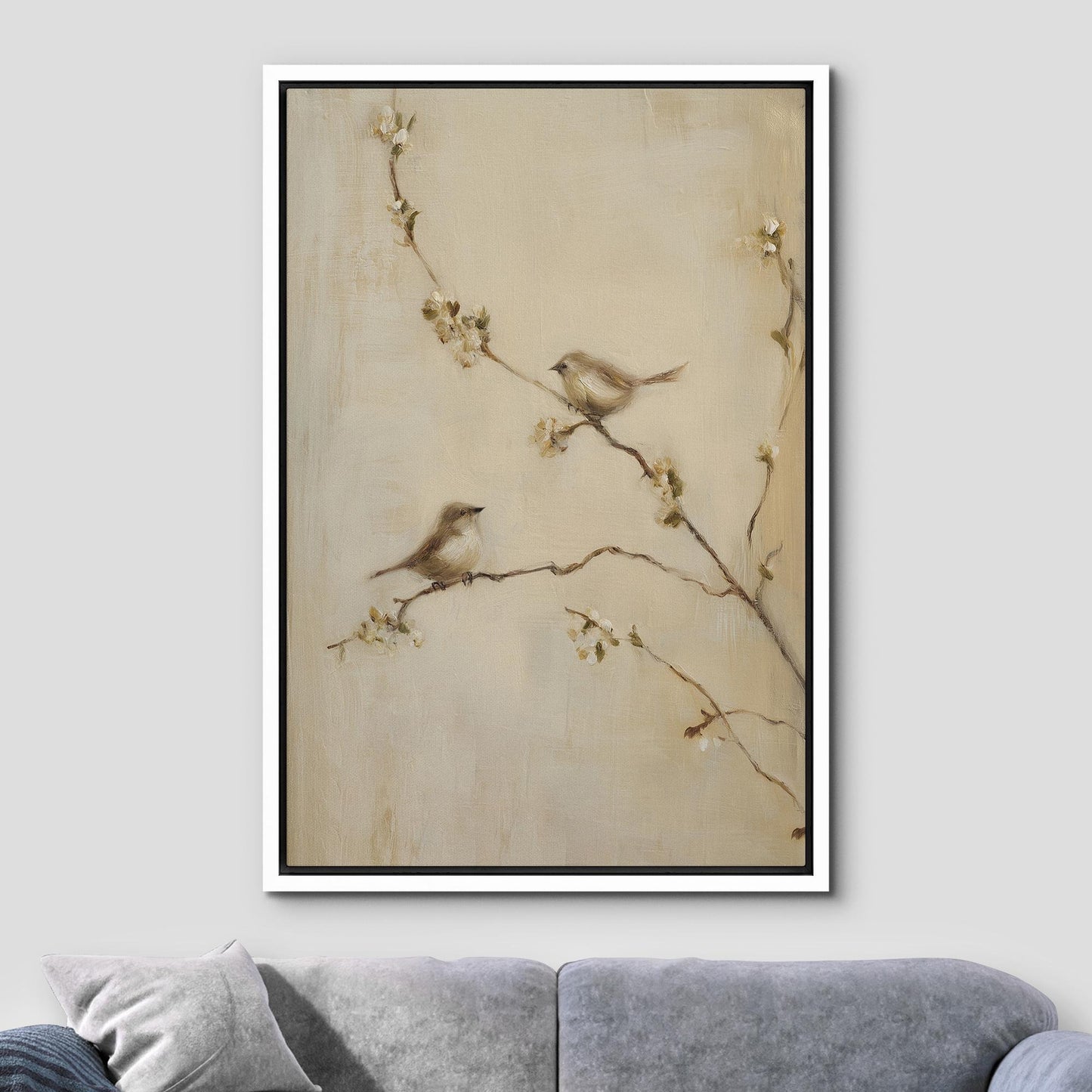 Bird on Blossom Branch - Framed Rustic Nature Wall Art
