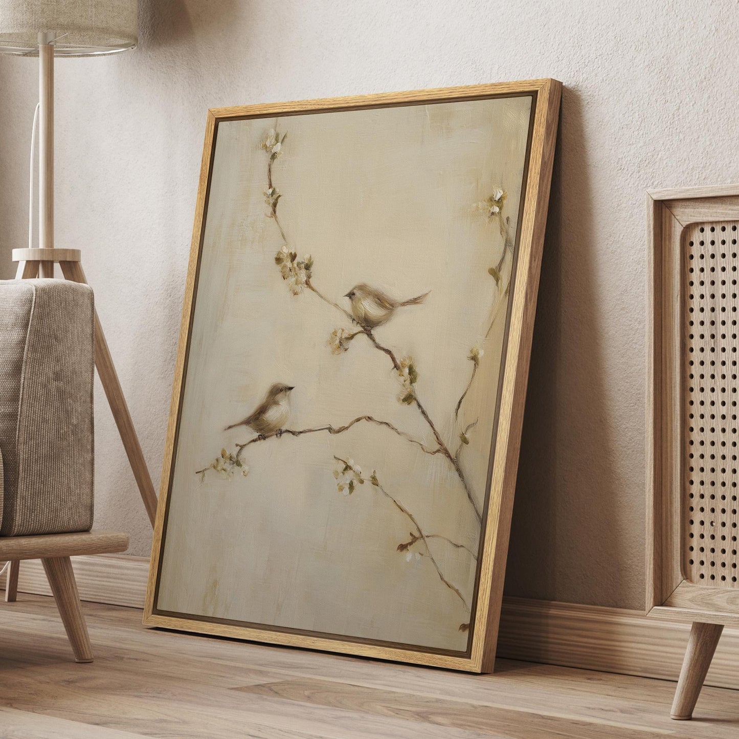 Bird on Blossom Branch - Framed Rustic Nature Wall Art