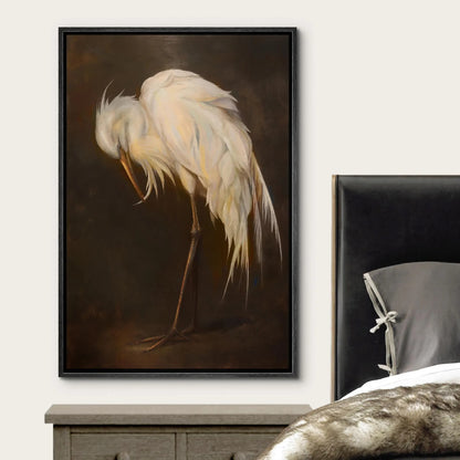 Vintage Egret Wall Art - Framed White Bird Canvas Print