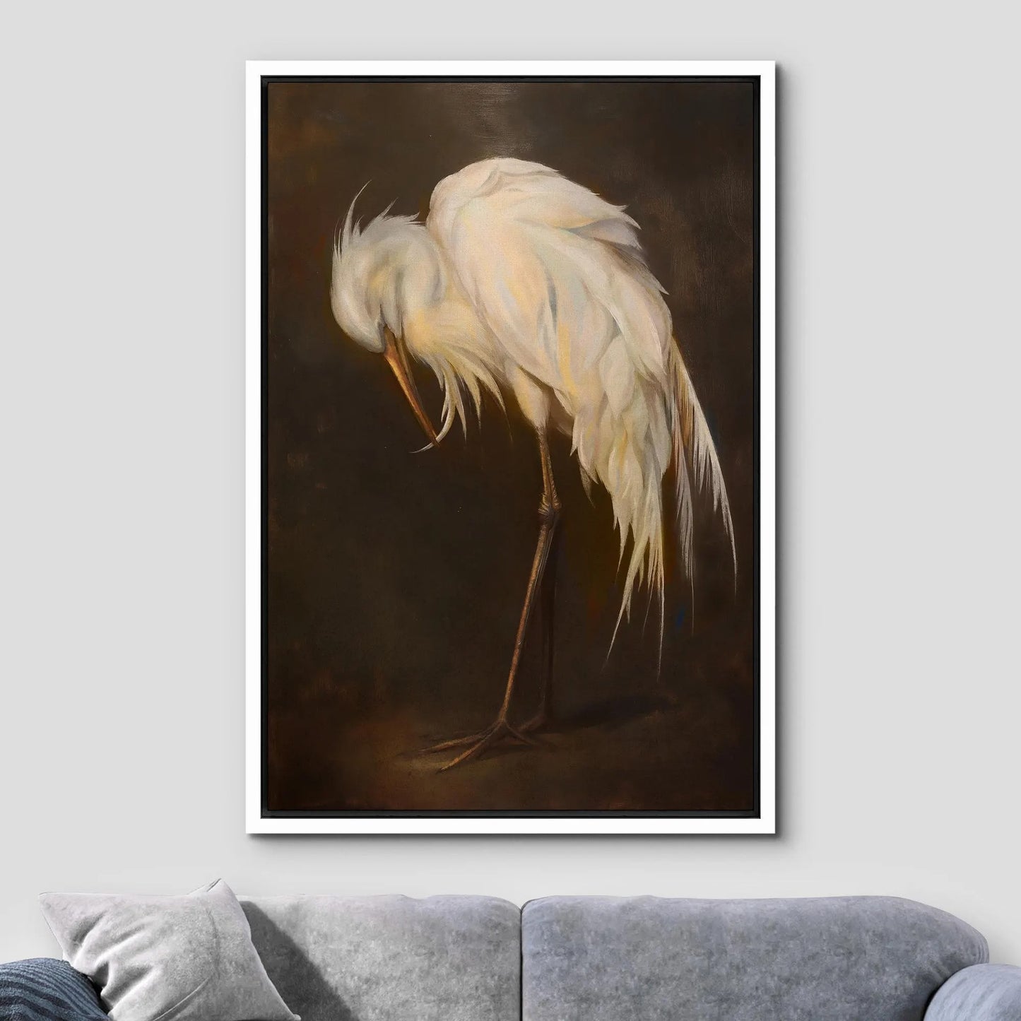 Vintage Egret Wall Art - Framed White Bird Canvas Print