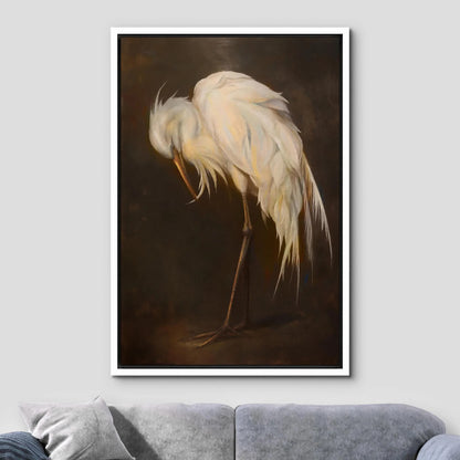 Vintage Egret Wall Art - Framed White Bird Canvas Print