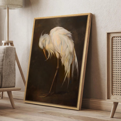 Vintage Egret Wall Art - Framed White Bird Canvas Print