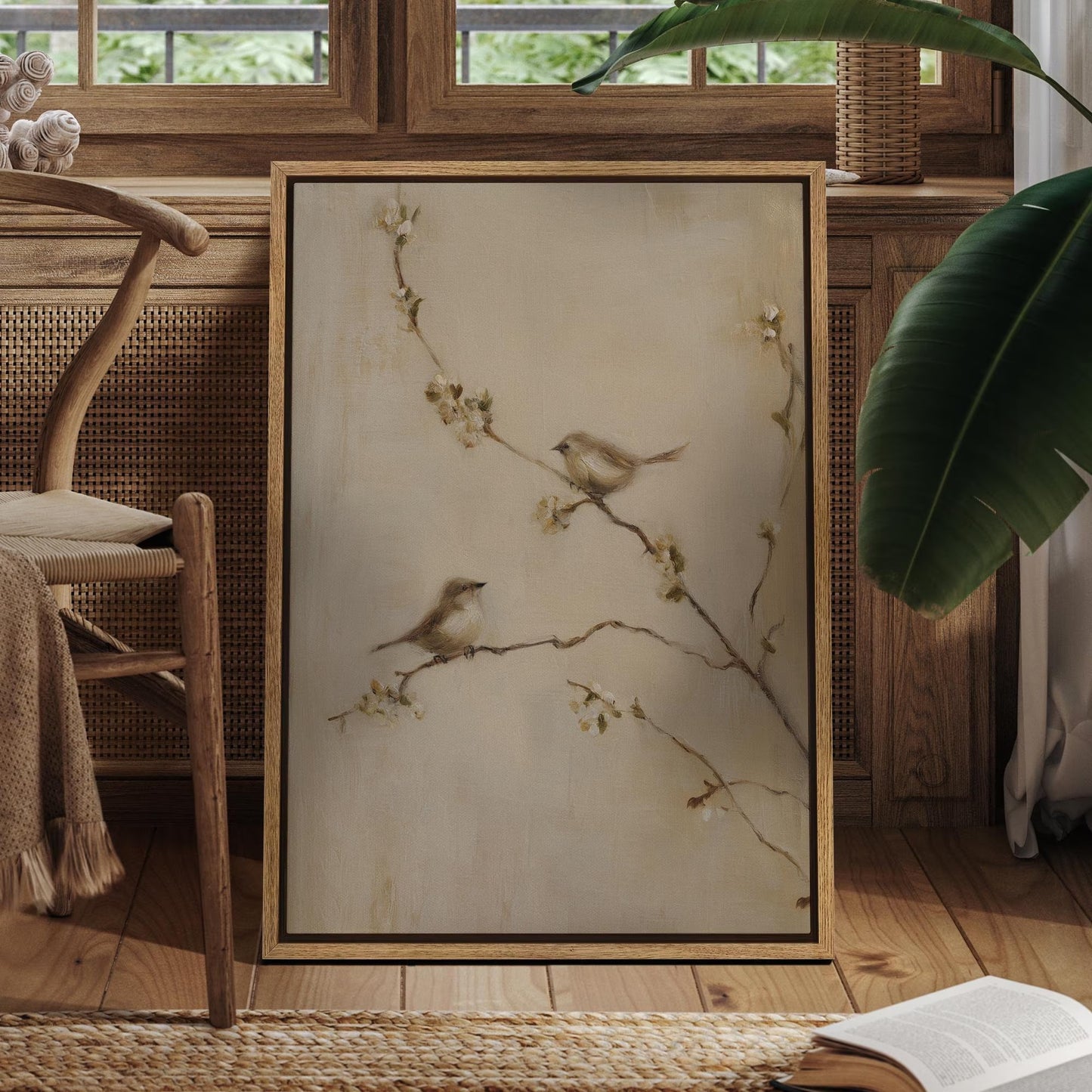 Bird on Blossom Branch - Framed Rustic Nature Wall Art