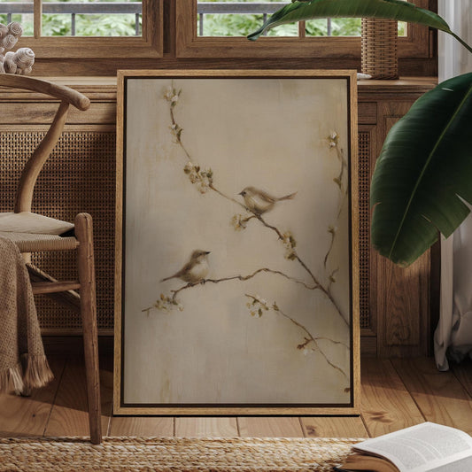 Bird on Blossom Branch - Framed Rustic Nature Wall Art