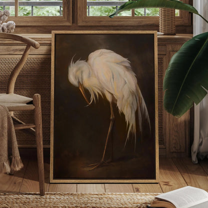 Vintage Egret Wall Art - Framed White Bird Canvas Print
