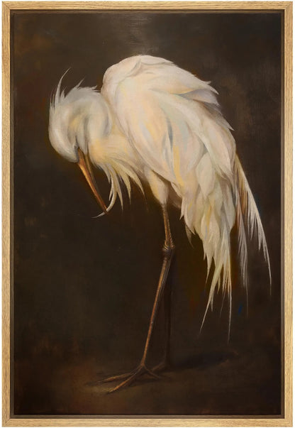 Vintage Egret Wall Art - Framed White Bird Canvas Print